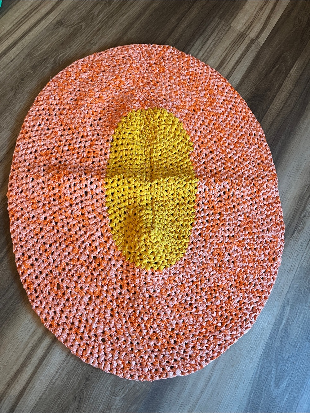 Handmade groovy 70's Rag Rug tangerine orange and yellow 28"x36" oval